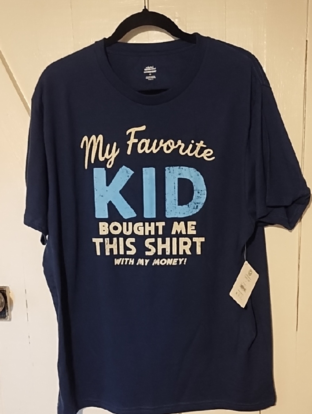 Celebrate It Navy Blue Graphic Tee with Light Blue and Cream Text NWT XL.